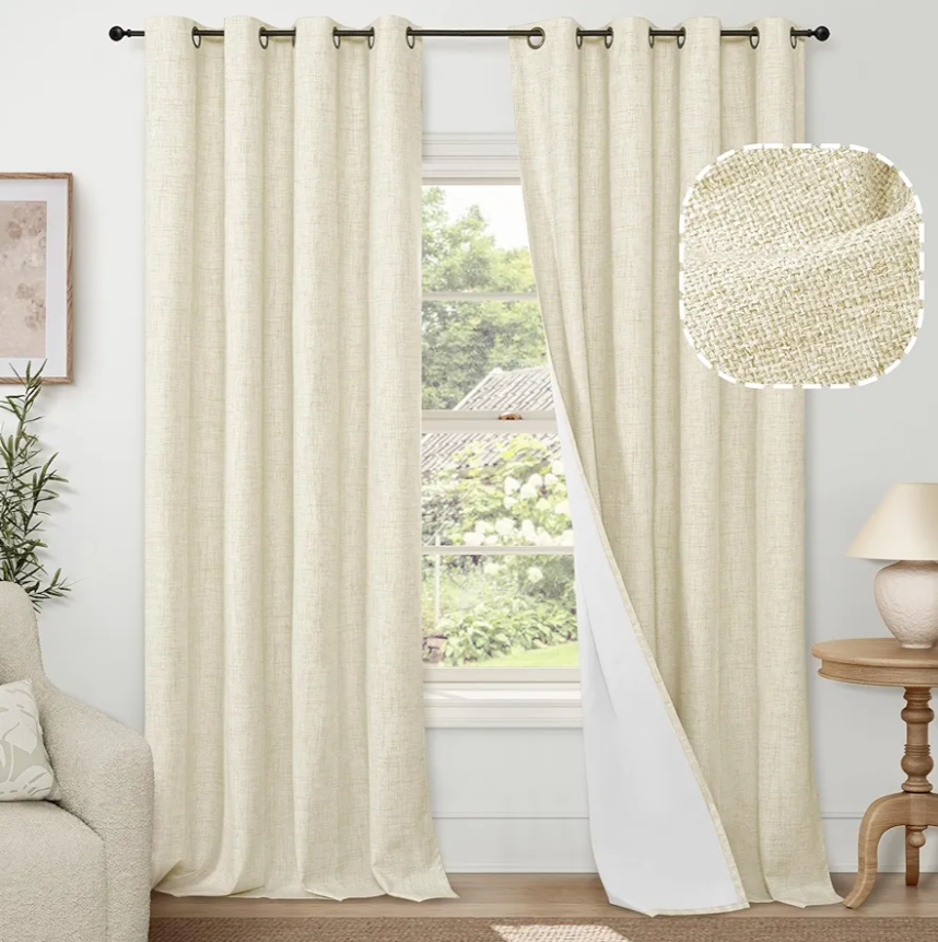 Cream 100% Blackout Curtains for Living Room 95 Inch Length 2 Panels Set, Thermal Insulated Light Blocking Faux Linen Curtains for Bedroom, Bronze Grommet Boho Window Drape Each 52" Wide