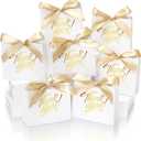 DOYIDE 30 Pack Small Thank You Gift Bags, 4.5x1.8x3.9in Party Favor Bags with Bow Ribbon, Mini Paper Gift Bag with Gold Foil Printed, White Treat Boxes for Birthday Wedding Bridal Baby Shower