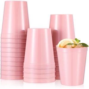 Mifoci 24 Pcs Stadium Plastic Cups Blank Reusable Drink Tumblers Bulk Stackable Drinking Stadium Tumbler for Birthday Party Weddings Mardi Gras(16oz,Pink)