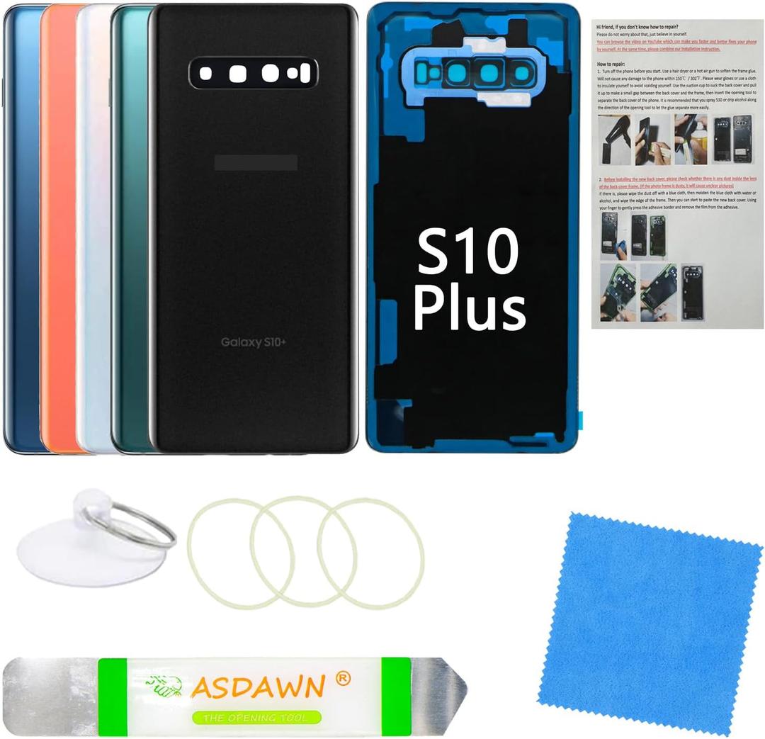 Galaxy S10+ Back Screen Cover Glass Replacement with Pre-Installed Camera Lens +Installation Manual +Repair Tool Kit for Samsung Galaxy S10 Plus SM-G975 All Carriers (Prism Black)