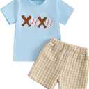 Toddler Baby Boy Summer Clothes Baseball T-shirt Tops and Gingham Plaid Shorts Set Infant Game Day Football Outfit 2-3T