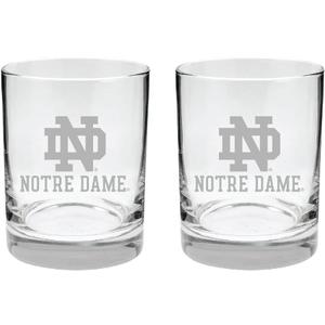 Notre Dame Fighting Irish Whiskey Glass Set  2-Sided Satin Finish Rock Glasses  Heavy-Duty Notre Dame Glassware  Cocktail & Bourbon Glasses  Boxed Set of 2, 14 oz