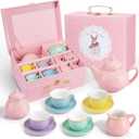 Porcelain Tea Set for Toddlers, Tea Party Set for Little Girls, Kids Tea Set Kitchen Pretend Play, Princess Tea Time Playset with Teapot Cups Carry Case, Toddler Girl Toys Birthday Gifts Age 3+