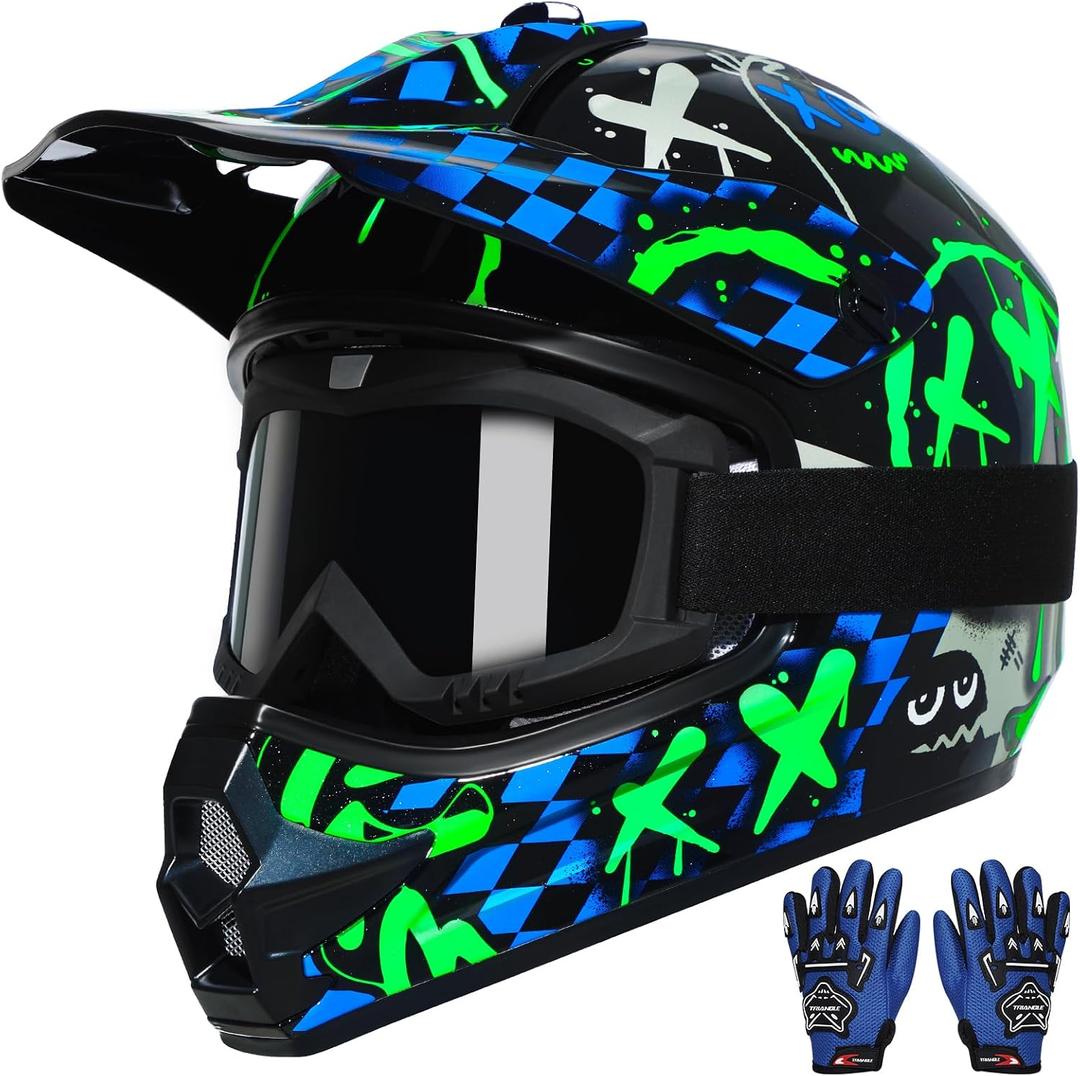 TRIANGLE Youth Kids Dirt Bike Helmet Full Face Motocross Helmet with Goggle & Gloves DOT/FMVSS-218 Approved Motorcycle Helmet L
