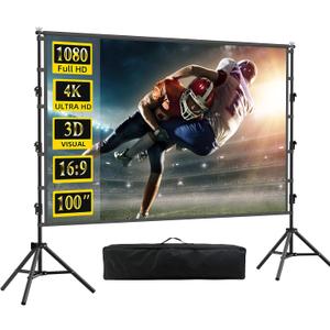 120 inch Projector Screen with Stand,HUANYINGBJB Indoor Projection Screen, Portable 16:9 4K HD Rear Front Movie Screen with Carry Bag for Theater Backyard Movie Night,Cinema School, Churches
