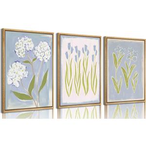 3Pcs Blue Green Tulip Hydrangea Flower Wall Art Flowers Plant Aesthetics Painting Picture Decor Elegant Preppy Poster Print Artwork for Living Room Gallery Bedroom Dorm Home Decoration (24L" x 16W")