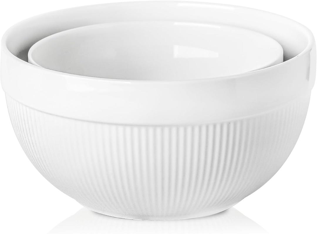 Ceramic Large Mixing Bowls for Kitchen, Set of 2 Big Serving Bowls for Cooking, Popcorn, Salad, Soup, Baking, Dough Bread Making Bowl, 10 inch + 8 inch, White