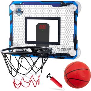 RUNBOW Indoor Mini Basketball Hoops Backboard with Powerful Suction Cups,Wall Mounted Door Basketball Hoops,Toys with Balls Gifts for Kids Boys Teens (43x30CM, Blue with Scorer) (Blue Scorer)