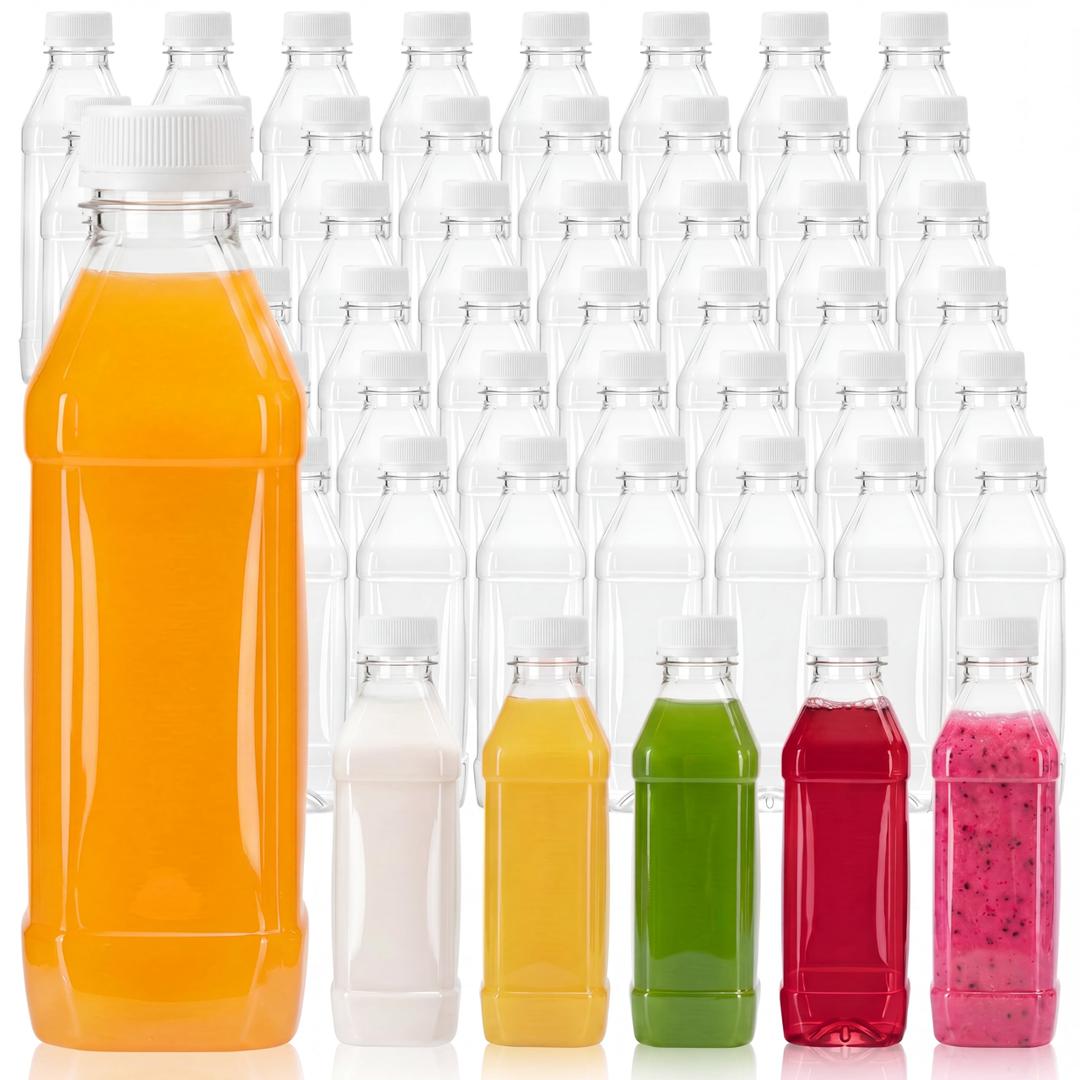 Ferrochef 50 Pack 12 oz Plastic Juice Bottles with Caps,PET,White