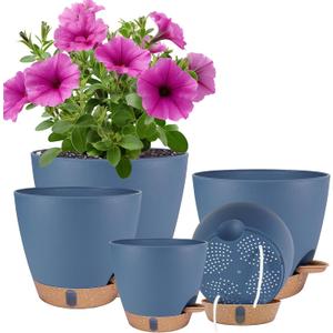 Self Watering Pots for Inoor Ourdoor Plants 8/7/6.5/6/5 Inch Plastic Planters with Drainage Holes & Water Level Indicator, Decorative House Flower Nursery Planting Pots with Saucers (Navy Blue)