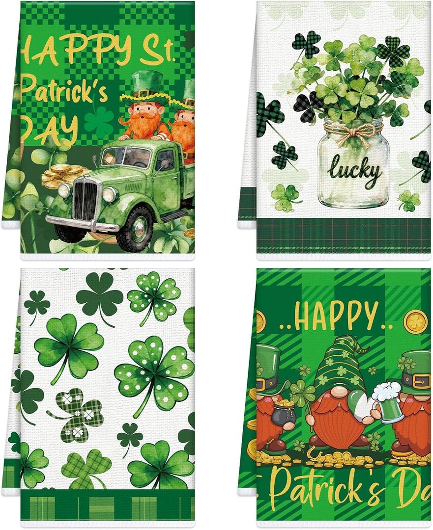 St Patricks Day Kitchen Towels, St. Patrick's Day Dish Towels Set of 4, Green Lucky Shamrock Gnome Hanging Dish Hand Towel for Spring Seasonal Holiday Home Kitchen Decoration Housewarming Gifts