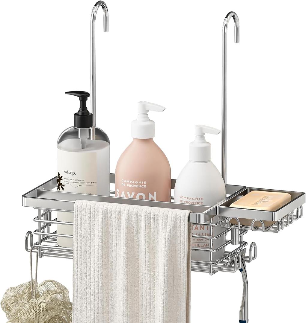 Hanging Shower Caddy, 304 Stainless Steel Shower Organizer with Towel Bar & Hooks, Over Shower Rod, Towel Bar or Glass Panel Storage Basket with Soap Holder, Rustproof Bathroom Caddy, 1 Pack