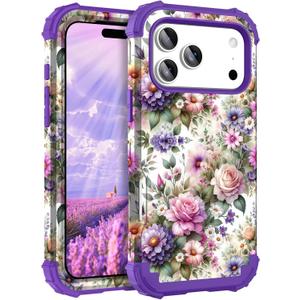 Hocase Heavy Duty Case for iPhone 17 Pro 6.3"", Purple Pink Flowers