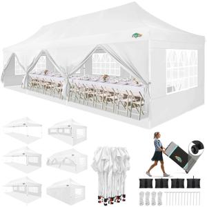 COBIZI 10x30 Pop up Canopy with Roller Bag & 8 Removable Sidewalls, Canopy Tent for Parties, Wedding, and Commercials, Waterproof and Instant Shelter UV50+ Outdoor Gazebo with 4 Sandbags(Pure White)
