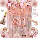 80th Birthday Decorations for Women, Rose Gold 80th Birthday Decorations, 80 Sash and Crown, Banner, Fringe Curtains, Hanging Paper Fans, 80 Year Old Party Supplies Set