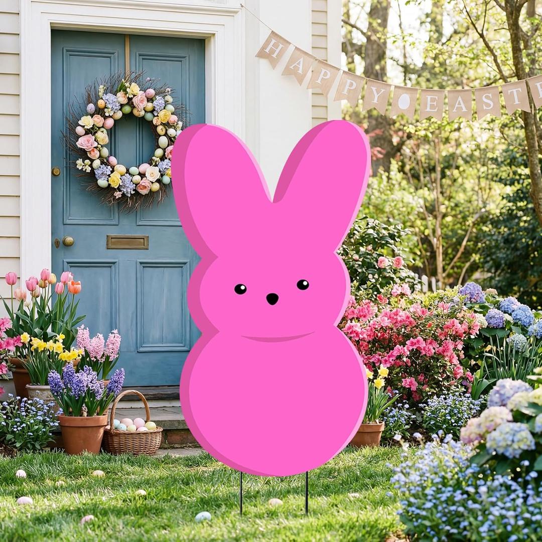 24 Inch Easter Yellow Bunny Metal Yard Signs with Stakes Easter Outdoor Lawn Decorations Pink Bunny Peep Signs Sturdy Reusable Spring Yard Decor for Front Yard Garden, Pink