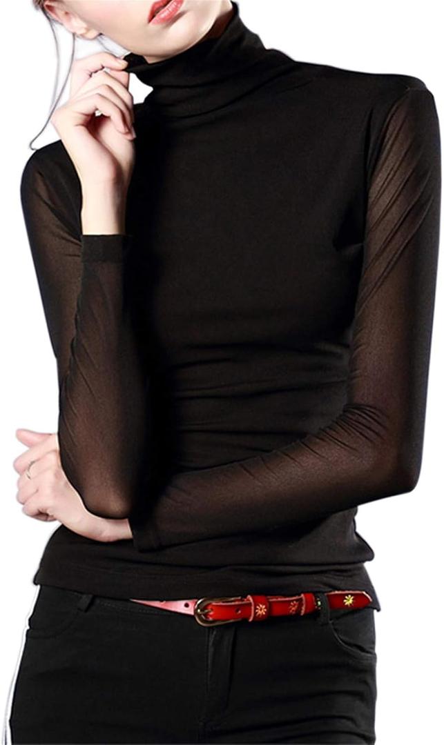 Women's Turtleneck Top Long Sleeve Slim Fit Shirts Mesh Sheer See Through Casual Top (Black, X-Large)