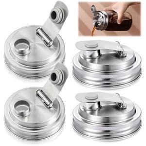 Baderke 4 Pcs Stainless Steel Mason Jar Pour Spout Lid for Wide Mouth Mason Jars, Rust Proof Leak Proof Seal Cover fit Home Tea, Milk, Juice Drinks Airtight Turns your Container into Pitcher