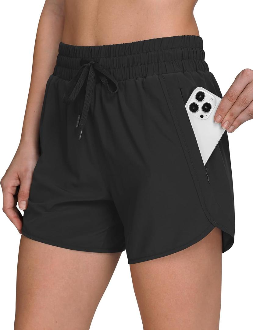 Women's 5" Running Shorts Quick Dry Sporty Athletic Gym Workout Shorts with Zipper Pockets Liner (Black, L)