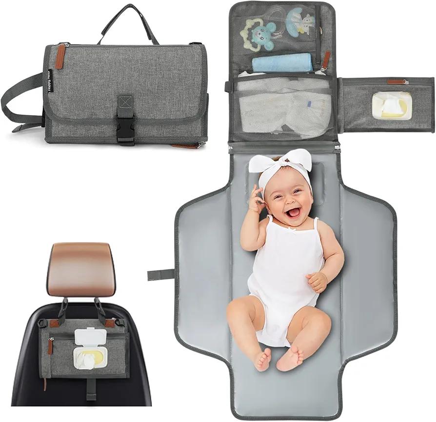 Portable Changing Pad for Baby - Memory Foam Diaper Changing Mat with Wipes Pocket, Waterproof PEVA & Easy Clean - Compact Fold, Stroller & Shoulder Strap - Travel Diaper Clutch for Newborn