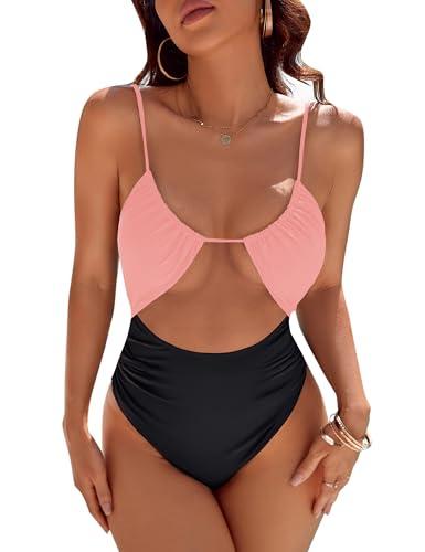Blooming Jelly Womens One Piece Swimsuit Tummy Control Bathing Suit 2026 Sexy Slimming Flattering Cute Cheeky High Cut Out Ladies Swimwear (Medium, Light Pink & Black)