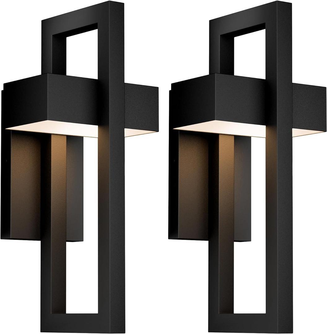 LamQee 2 Packs Modern Outdoor Wall Lights 3000K Integrated LED Outdoor Wall Sconces Lighting, Contemporary Exterior Lighting Fixtures Outside Wall Mount Lights for House Porch Door Garage, Matte Black