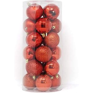 Allgala Christmas Balls 24 PK 2.33 Inch (6CM) Pre-Strung Shatter Proof Christmas Ornament Balls for Xmas Tree-4 Style-Red