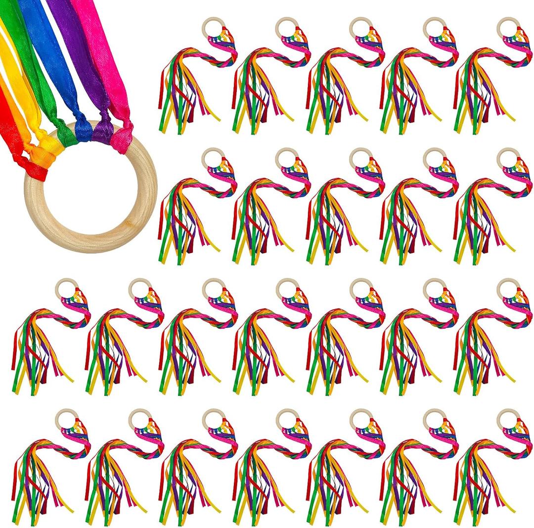 24Pcs Rainbow Ribbon Streamers Waldorf Toys Creative Waldorf Hand Kite Set Streamers with Wood Ring Sensory Learning Educational Toy for Playroom Dancing Birthday 