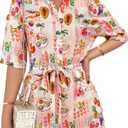 PRETTYGARDEN Womens Rompers for Summer 2025 Beach Vacation Clothes Short Sleeves Floral Jumpsuits Beach Cover Up (XL)