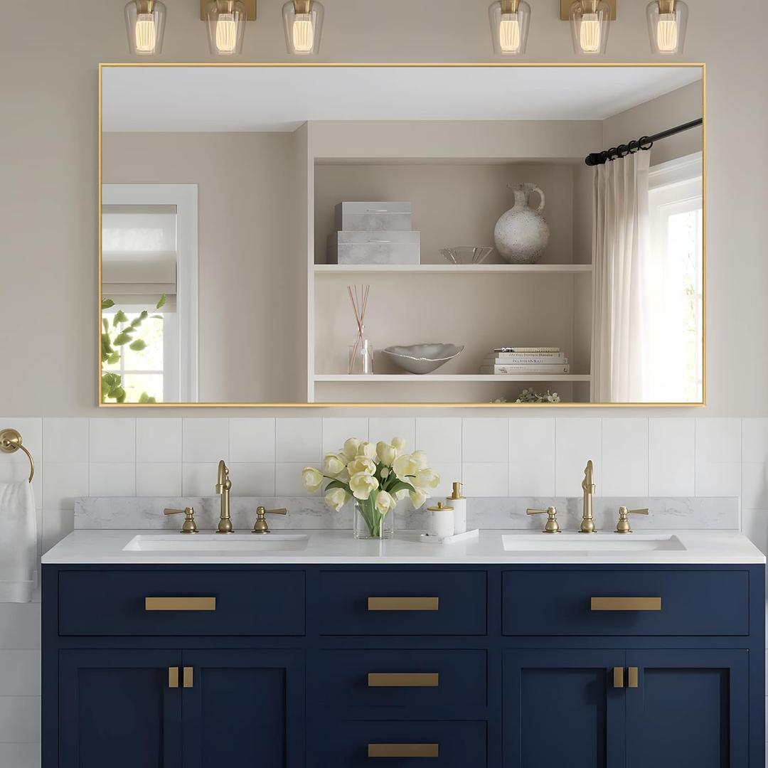 NeuType Large Full Length Mirror 59"x36" Bedroom Mirror Aluminum Alloy Frame Floor Mirror Wall-Mounted Mirror for Living Room, Bedroom, Hanging or Leaning Against Wall, Golden