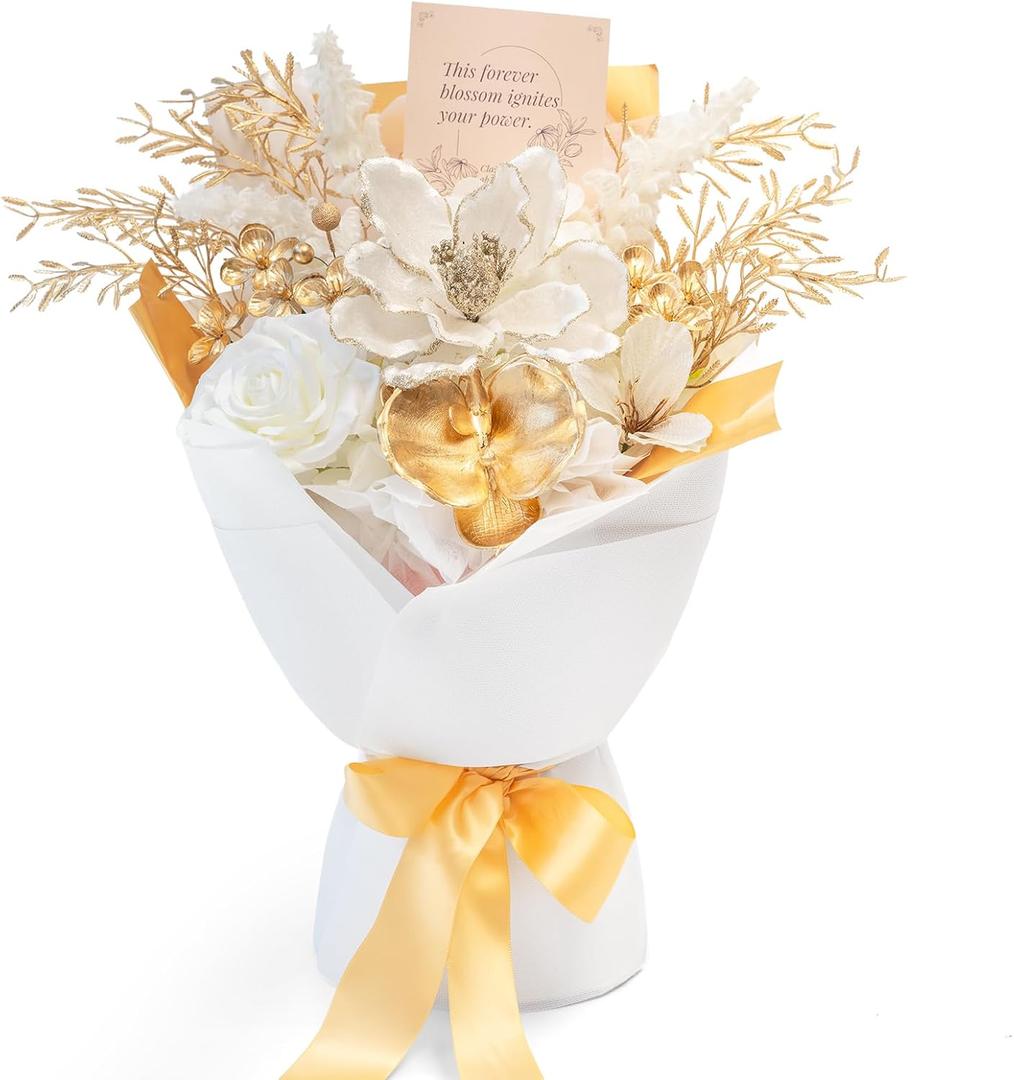 TINGE TIME Preserved Flowers Bouquet, Platinum Faux Rose Bouquets, Eternal Roses Bouquet for Wedding, Table Centerpieces, Mothers Day, Birthday Gifts, Anniversary, Graduation(White & Gold)