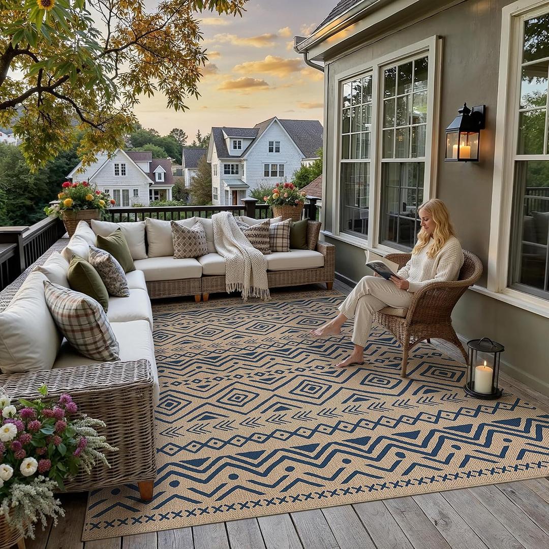 PureCozy 8x10 Blue Easy Jute Outdoor Rug Boho Farmhouse Carpet