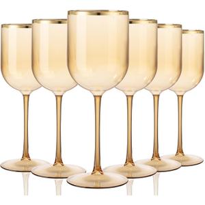 Liacere Plastic Wine Glasses Set of 8-14oz Brown Wine Cup with Gold Rim - Dishwasher Safe Plastic Wine Cups with Stem Reusable & Unbreakable Disposable wine glasses for Weddings,Party,Dinner