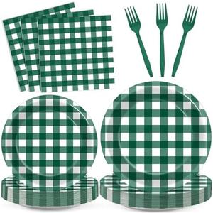 Green Gingham Party Decorations Green and White Checkered Birthday Themed Tableware Gingham Plaid Plates Napkins Forks Picnic BBQ Dinnerware Supplies for Baby Shower Birthday Serves 24 Guests