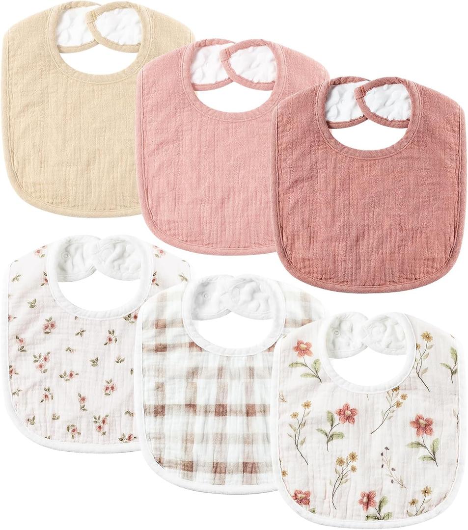 POIKSHARK 6-Pack Muslin Baby Bibs for Unisex Boys Girls, Cotton Baby Drool Bibs, Drooling and Teething Bibs for Infant