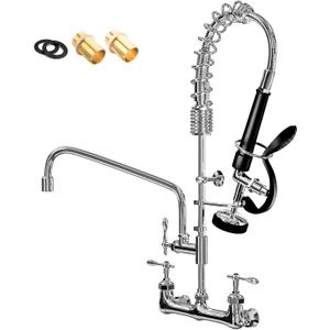 Commercial Sink Faucet,Commercial Faucet with Sprayer Adjustable Center Wall Mounted Restaurant Faucets,12" Spout andPull-Down Pre-Rinse 25 Height Suitable for 1, 2 or 3 Sinks