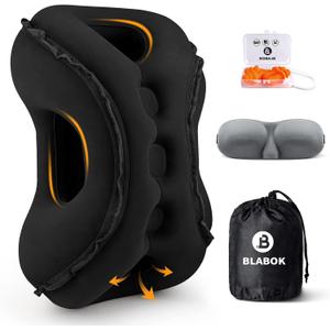 Inflatable Travel Pillow,Multifunction Travel Neck Pillow for Airplane to Avoid Neck and Shoulder Pain,Support Head,Neck,Used for Sleeping Rest, Airplane and Home Use,with Eye Mask, Earplugs, Black (Medium)