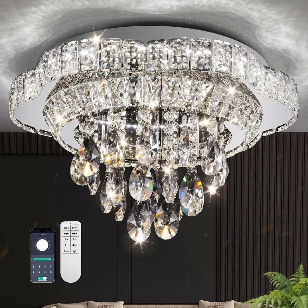 18" Sliver Crystal Flush Mount Chandelier with Remote