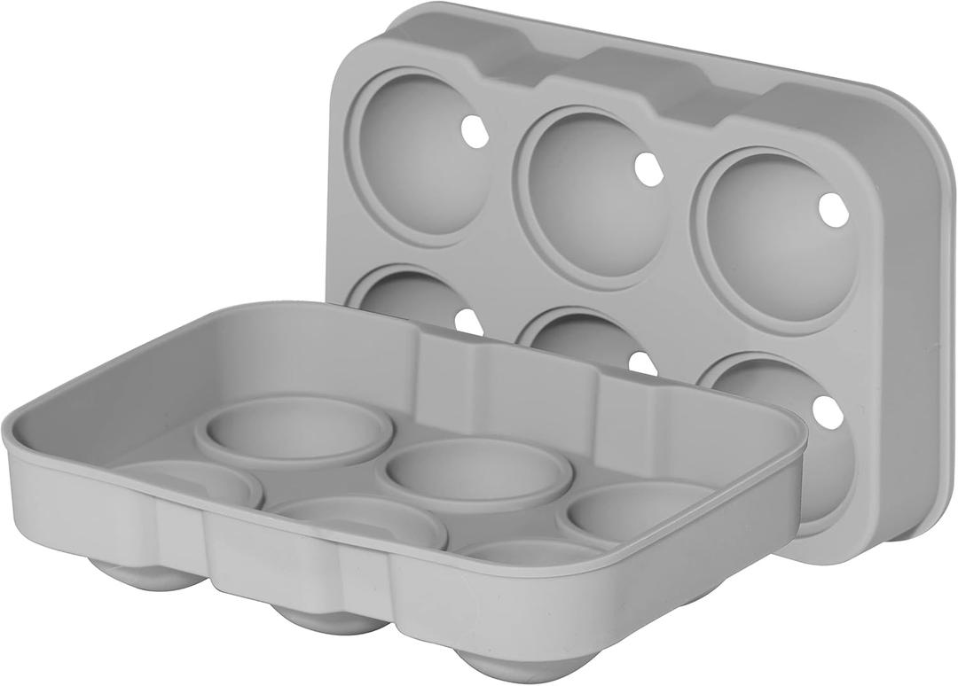 OGGI Ice Cube Tray, Ice Ball Molds, Large Ice Sphere Maker, Flexible 6 Cavity Silicone Ice Ball Trays for Freezer, Slow Melting Big Ice Spheres for Whiskey, Cocktails & Juices, BPA Free - Gray