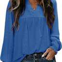 Ladies Tops and Blouses Blue Long Sleeve V Neck Eyelet Tunics 2025 Fall Baby Doll Flare Blouse Loose Trendy Pleated Shirts Lightweight Shopping Outing Daily Wear Medium