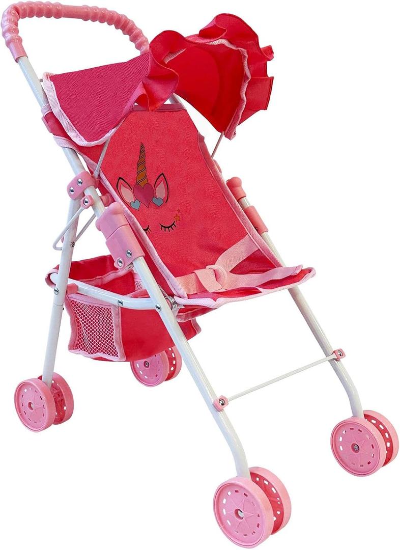 My First Baby Doll Stroller for Toddlers 3 Year Old Girls, Little Kids | Folding Baby Stroller for Dolls, Toy Stroller for Baby Dolls with Bottom Storage Basket, Foldable Frame, Canopy, Seatbelt, 20.5x10x20.5 in