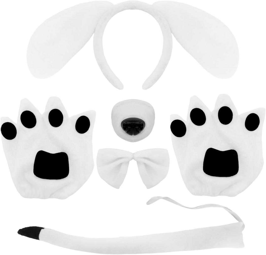 5Pcs Puppy Dog Ears Costume Set Long Ears Headband Bowtie Nose Tail Paw Glove Costume Floppy Animal Cosplay Accessories Adult