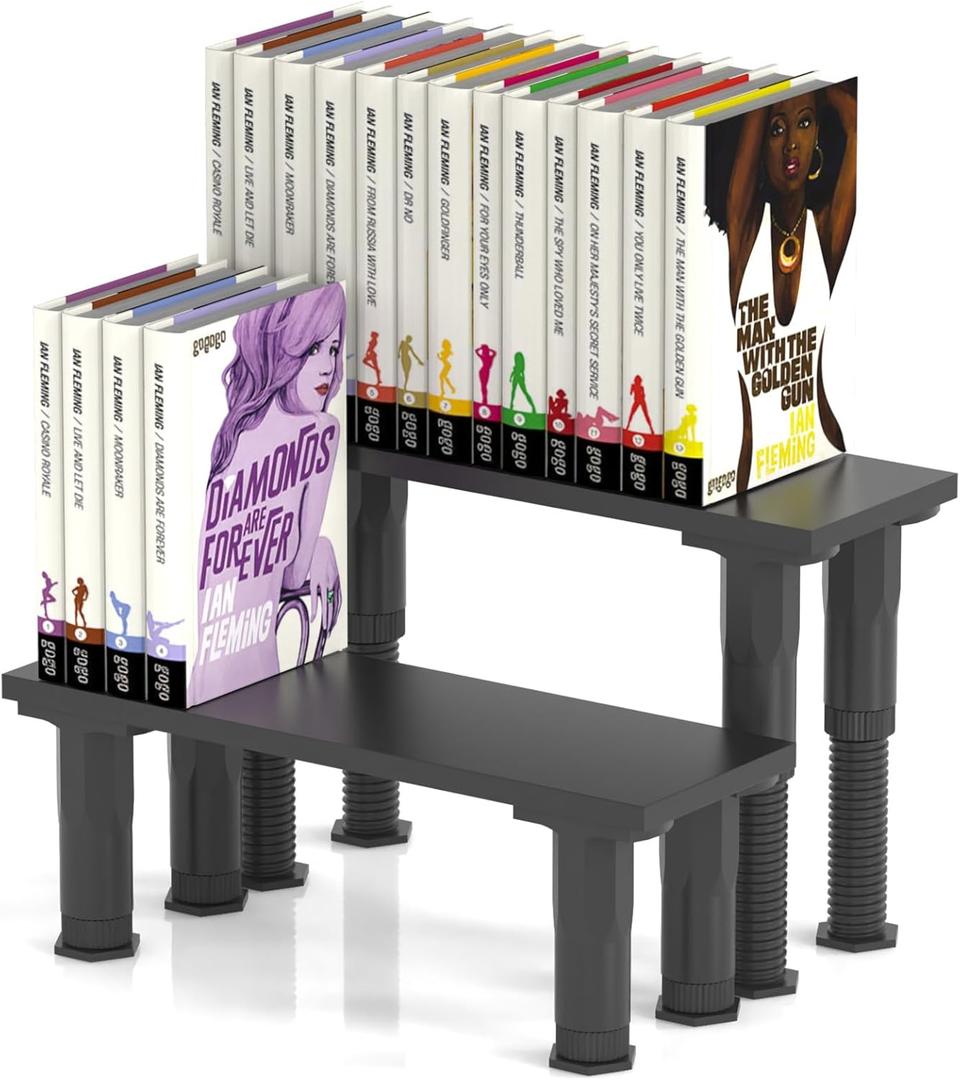 Manga Shelf Risers, 2 Pack Book Riser for Bookshelves, Black Wooden Height Adjustable Comic Books Shelves for Double Rows Display Stand for Books, Collectibles, Anime Figurines, Blind Boxes, CDs