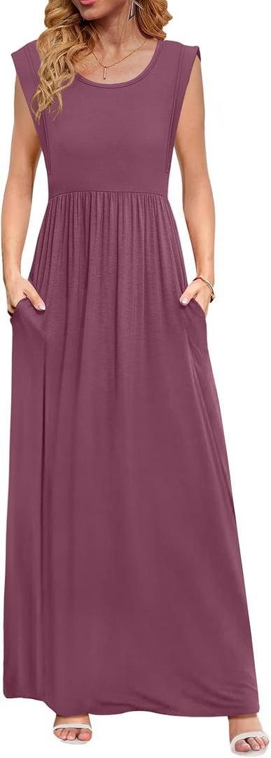 DB MOON Womens 2026 Maxi Dresses Empire Waist Long Summer Dress Casual Cap Short Sleeve Sundress with Pockets (Purple, M)