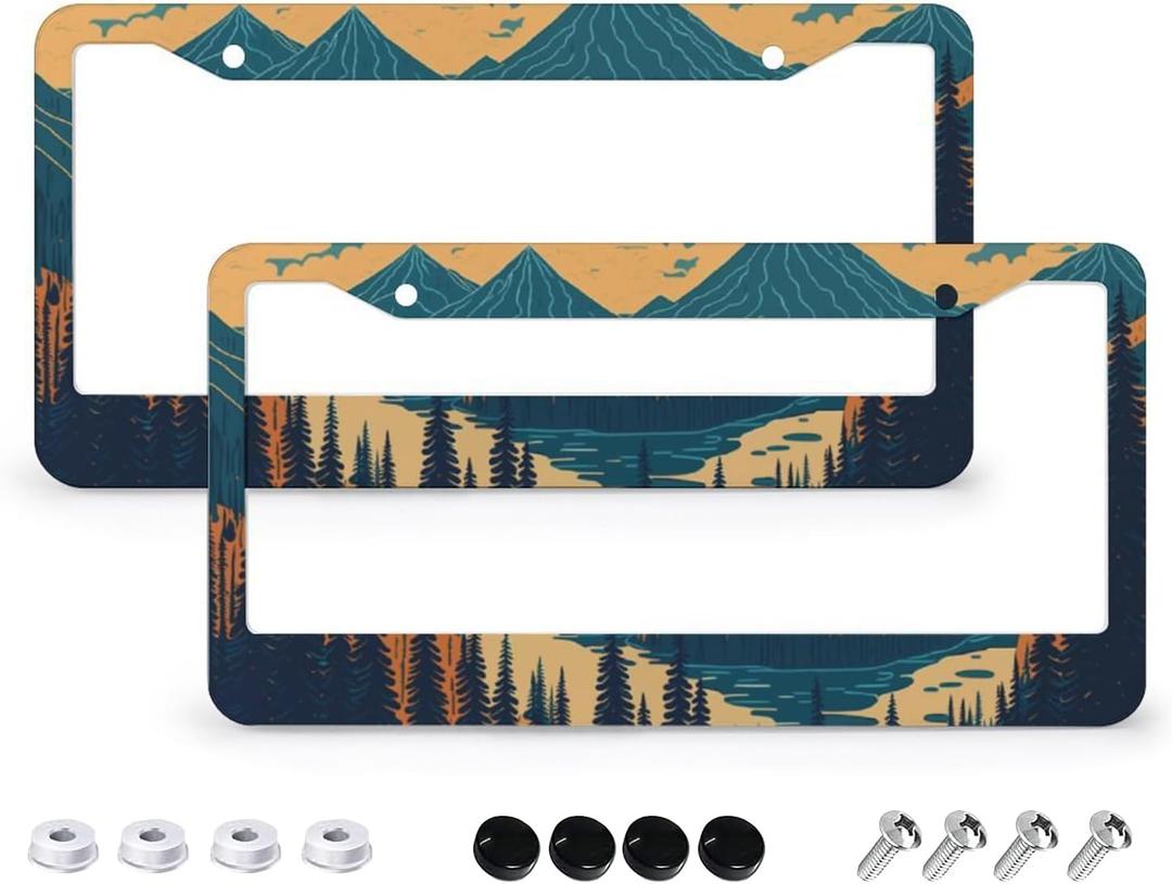 Mountains Forest License Plate Frames - 2 Pcs Set 2 Holes Metal Aluminum Auto Car Accessories Decoration License Plate Frame 6.3" x 12.2" Fit US Vehicles for Women Men Gift