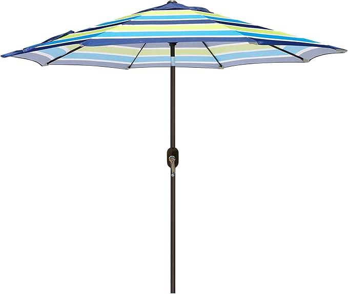 Blissun 9' Outdoor Patio Umbrella, Outdoor Table Umbrella, Yard Umbrella, Market Umbrella with 8 Sturdy Ribs, Push Button Tilt and Crank (Blue & Green Stripe)