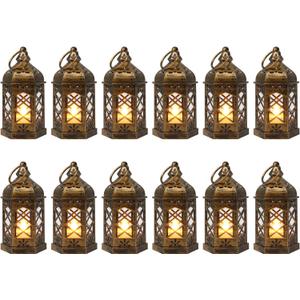 LLQ Mini Lantern with LED Candle, 12PCS Small Lanterns Decorative Indoor, Vintage Moroccan Lantern for Ramadan Decorations, Hanging Decor for Wedding Christmas, Table Centerpiece, Brushed Brass
