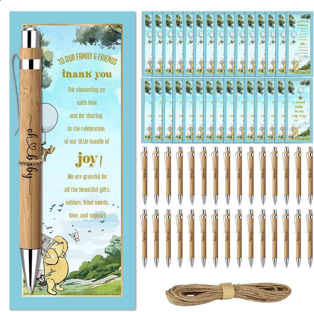 Toerifer Winnie Baby Shower Favors for 30 Guests, 30 Pcs Thank You Gifts for Baby Shower, Gender Reveal Sets Included Bamboo Pens Greeting Cards, Winnie Gender Reveal Souvenirs Prizes Decorations