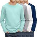 4 Pack Boy's Long Sleeve Shirts, Crew Neck Soft Tops Toddler Kids Basic Tees 7-8Y