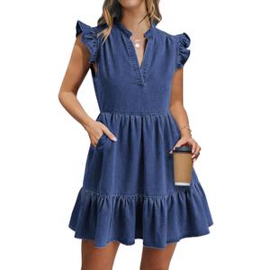Denim Dress for Women Ruffle Short Sleeve V Neck Jean Mini Dress with Pockets (Large, Dark Blue)